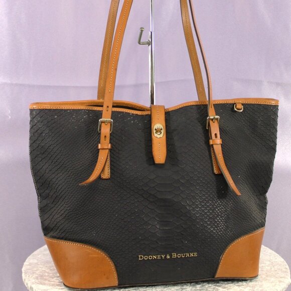 Dooney & Bourke Python Embossed Leather Tote – Black/Tan Trim - Picture 1 of 17